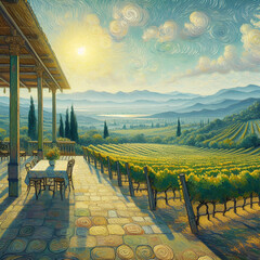 a painting of a vineyard with a view of mountains and a cloudy sky
