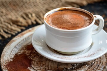 Obraz premium A black coffee cup with espresso coffee stands on a wooden table. close-up. Beautiful simple AI generated image in 4K, unique.