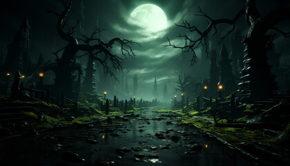 Fototapeta premium A dark, eerie forest with a full moon in the background