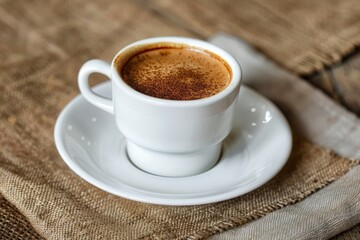 Fototapeta premium A black coffee cup with espresso coffee stands on a wooden table. close-up. Beautiful simple AI generated image in 4K, unique.