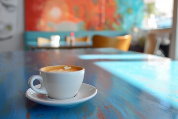 A black coffee cup with espresso coffee stands on a wooden table. close-up. Beautiful simple AI generated image in 4K, unique.