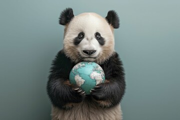 Fototapeta premium A majestic giant panda cradles the world tenderly, embodying a surreal vision of wildlife preservation in a minimalist portrait.