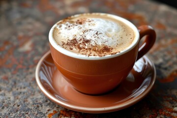 Obraz premium Red cup of cappuccino and chocolate on the table close-up. Food photo.. Beautiful simple AI generated image in 4K, unique.
