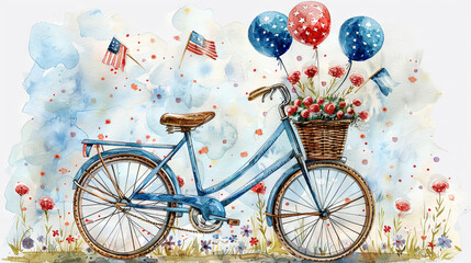 watercolor illustration of bike with balloons with blue, red ballons, american flag, Independence Day of America concept, blue background