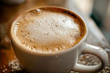 Obraz premium A black coffee cup with espresso coffee stands on a wooden table. close-up. Beautiful simple AI generated image in 4K, unique.