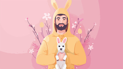 Young man in bunny costume with cute dog on pink background