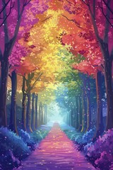 A mysterious forest path lined with rainbow colored trees, leading to a hidden Pride festival, illustration style, in straight front portrait minimal.