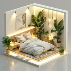 3D isometric bedroom illustration. modern room in green environment