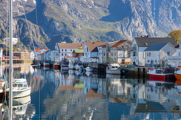 Henningsvær fishing harbor at Lofoten archipelago in Norway. Famous tourist destination.