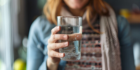 Closeup image of a beautiful young  woman holding a glass of water to drink, Generative Ai
