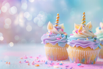 pastel unicorn themed cupcakes with cute unicorns toppings on a bright pastel background with bokeh and copy space