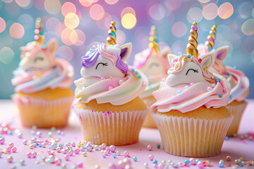 pastel unicorn themed cupcakes with cute unicorns toppings on a bright pastel  background with bokeh and copy space 