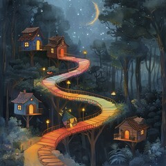 An enchanting forest scene emerges with treehouses linked by rainbow bridges in a celebratory illustration, captured in a minimalist portrait style.