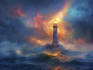 Amidst turbulent waves, a lone beacon paints the horizon with a vibrant spectrum, embodying hope and direction in a sleek, minimalist portrayal.
