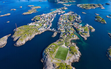 Henningsvaer, Lofoten, Norway. Aerial view of Lofoten archipelago. Amazing landscape and famous...