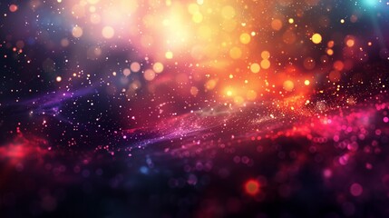 A background of colorful lights and bokeh particles in space.