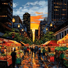 Illustration of a night market in New York City, USA.