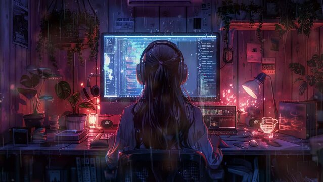 Synthwave lo-fi lofi girl like, seamless loop, anime manga girl, coding, lofi background wallpaper design, anime girl, Manga Style