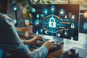 Fototapeta premium Bolster network security for businesses with HTTPS and padlock, utilizing API and OAuth to safeguard digital data privacy against malware.
