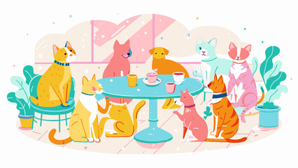 Colorful Illustration of Cats Enjoying a Tea Party Together Pet friendly