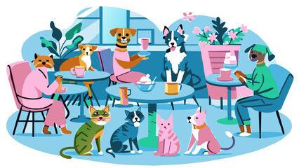 Cartoon Animals Enjoying a Cozy Cafe Gathering Pet friendly