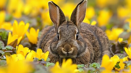   A rabbit sits amongst yellow flowers, gazing at the camera with curiosity