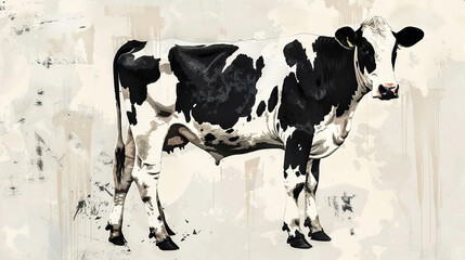 A cow print featuring the distinctive black and white patches of a Holstein cow with irregular...