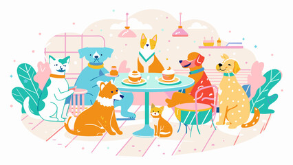Obraz premium Cheerful Cartoon Dogs Enjoying a Cafe Gathering Pet friendly