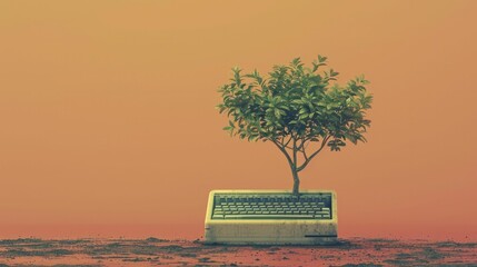 A lone tree emerges from an abandoned computer, embodying renewal and the fusion of nature and technology in a minimalistic front portrait.