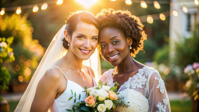Happy woman lesbian lgbtq couple in wedding dress together at ceremony for celebration in nature. Diversity sexual equality and lgbtq pride. Marriage equality and Same-sex marriage concept