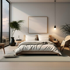 Minimal bedroom interior with Home decoration mock up. Cozy coastal stylish, furniture, comfortable bed, Modern design background with 