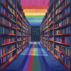 Library aisles turned into a runway for a Pride fashion show, books and banners in harmony, illustration style, in straight front portrait minimal.