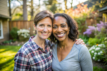Naklejka premium Happy adult lesbian lgbtq couple in love cuddling and smiling together on nature. Two stylish diverse pretty women hugging and bonding. multi race LGBT relationship lifestyle concept