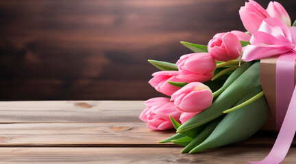 A gift of love a pink tulip bouquet on a wooden table