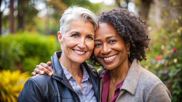 Happy adult lesbian lgbtq couple in love cuddling and smiling together on nature. Two stylish diverse pretty women hugging and bonding. multi race LGBT relationship lifestyle concept