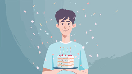 Young man with birthday cake on blue background vector