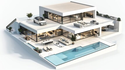 Fototapeta na wymiar 3D illustration of a modern, luxurious house featuring a pool and parking space, available for sale or rent, showcased on a white background