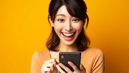 スマートフォンを見て驚き喜ぶ日本人女性