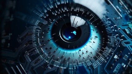 Cybernetic vision  hacker or ai robot eye in dark tech space, cyborg gaze on digital background