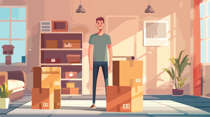 Young man with boxes in room on moving day style