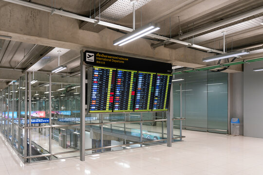 BANGKOK, THAILAND - AUGUST 28, 2023: International Flight Information Display System (FIDS) At The Departure Hall.