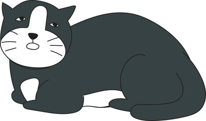 Cute cartoon black and white cat on transparent background.
