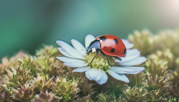 A small red ladybug with black spots perched on a daisy flower in nature