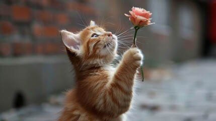   A tiny orange kitten stretches upwards, paws extended, towards a floating pink rose above
