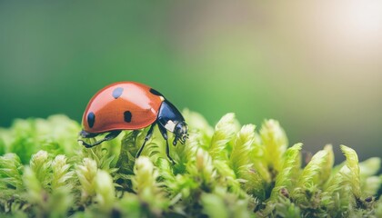 A small red ladybug with black spots can be found perched on a green leaf or crawling on grass in a garden