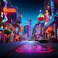 Neon signs on the street at night. 3D rendering.