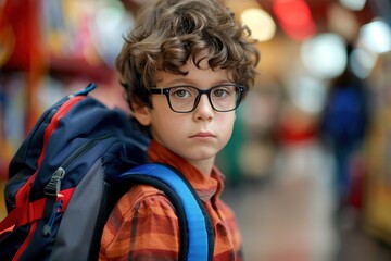 Concerned serious elementary school student with a backpack on his shoulders