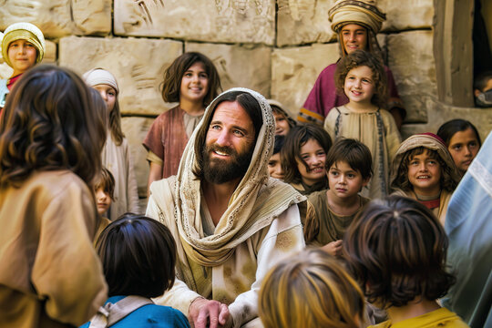 Smiling Jesus Christ talks kindly to children