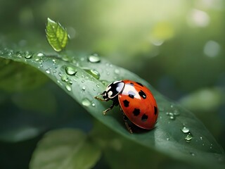 Nature's beauty: ladybug on leaf, blurred background, tranquility, vibrant scene, shimmering water droplets.