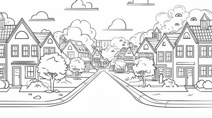 A line art vector of a village neighborhood showing residential buildings along a suburban street